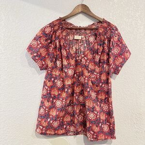 Rungolee Floral Print Short Sleeve Pop Over Blouse Red Size Small Cotton Casual